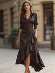 FJØRNA wrap ruffle hem midi dress in flowy fabric, featuring a flattering silhouette and feminine ruffle details.