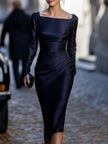 FJØRNA Midnight Satin Drape Dress for women, elegant satin dress with flowing fabric and sophisticated design.