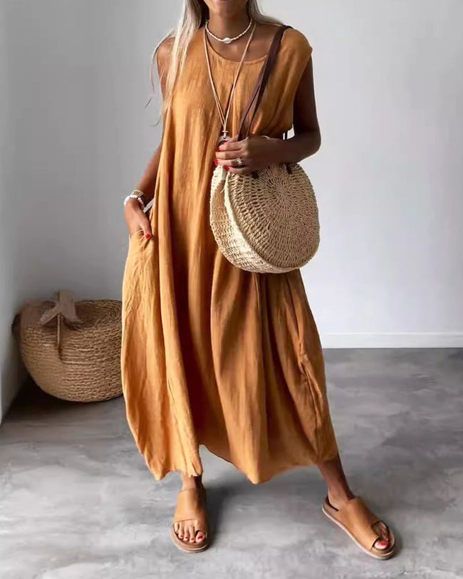Maya | Casual Cotton And Linen Solid Color Pocket Long Sleeveless Dress