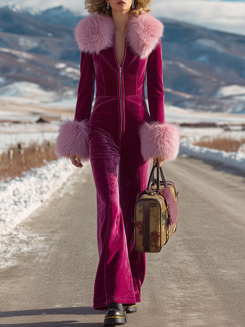 Rose red velvet faux fur collar flared jumpsuit for women by FJØRNA, featuring a stylish and cozy design with wide-leg pants.