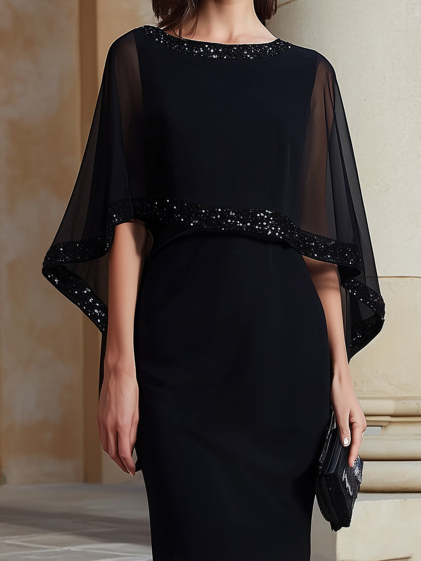 FJØRNA Mbellished Cape-Sleeve Sheath Dress, midi-length women's dress with elegant cape sleeves and detailed embellishments.