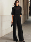 FJØRNA black chiffon top and wide-leg trousers three-piece set, stylish pants set with flowing fabric and modern design.