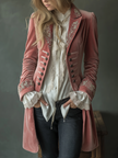 Pink floral embroidered velvet blazer for women by FJØRNA, featuring intricate floral embroidery and a luxurious velvet finish.