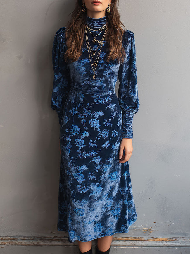 FJØRNA retro turtleneck rose print velvet midi dress showcasing a fitted silhouette and floral pattern.