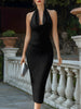 FJØRNA halter cowl-neck midi evening dress for women, showcasing elegant draped fabric and sleeveless design on model.