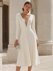 FJØRNA long sleeve deep V midi dress with sheer panel, elegant women's dress featuring a fitted silhouette and stylish design.
