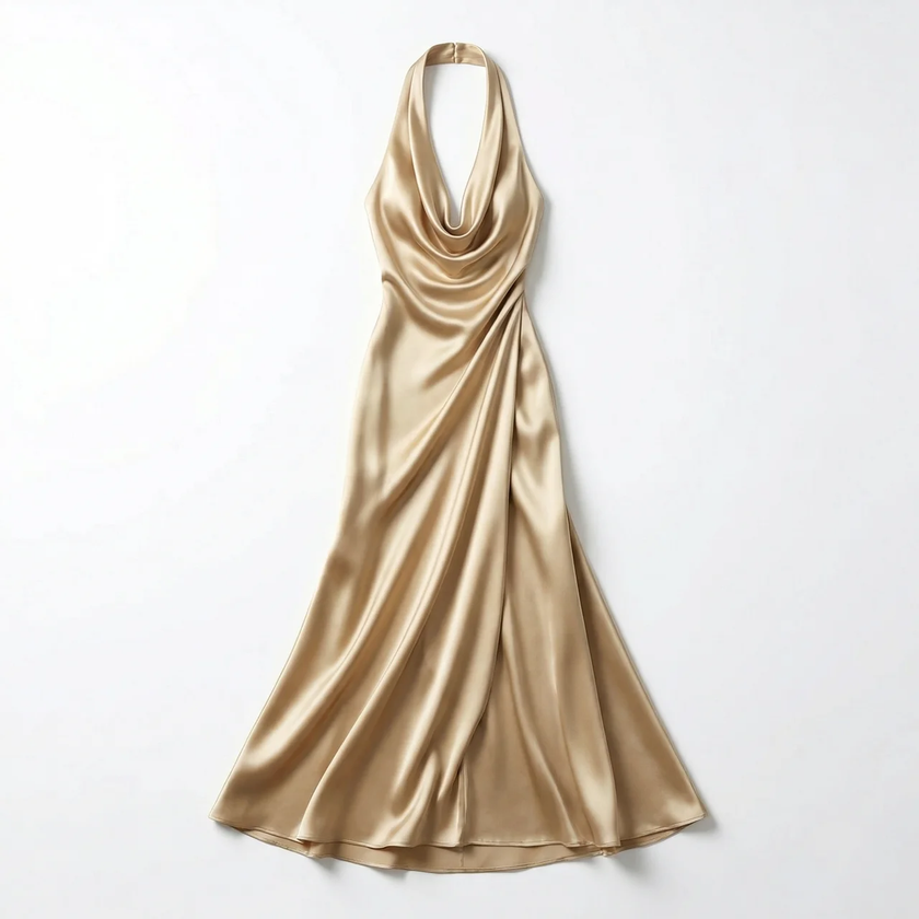 FJØRNA women's halter neck satin maxi dress displayed on a model with flowing fabric and elegant design.