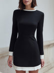 FJØRNA black lace long sleeve mini dress with contrast trim, stylish and elegant for evening wear or special occasions.
