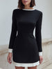FJØRNA black lace long sleeve mini dress with contrast trim, stylish and elegant for evening wear or special occasions.