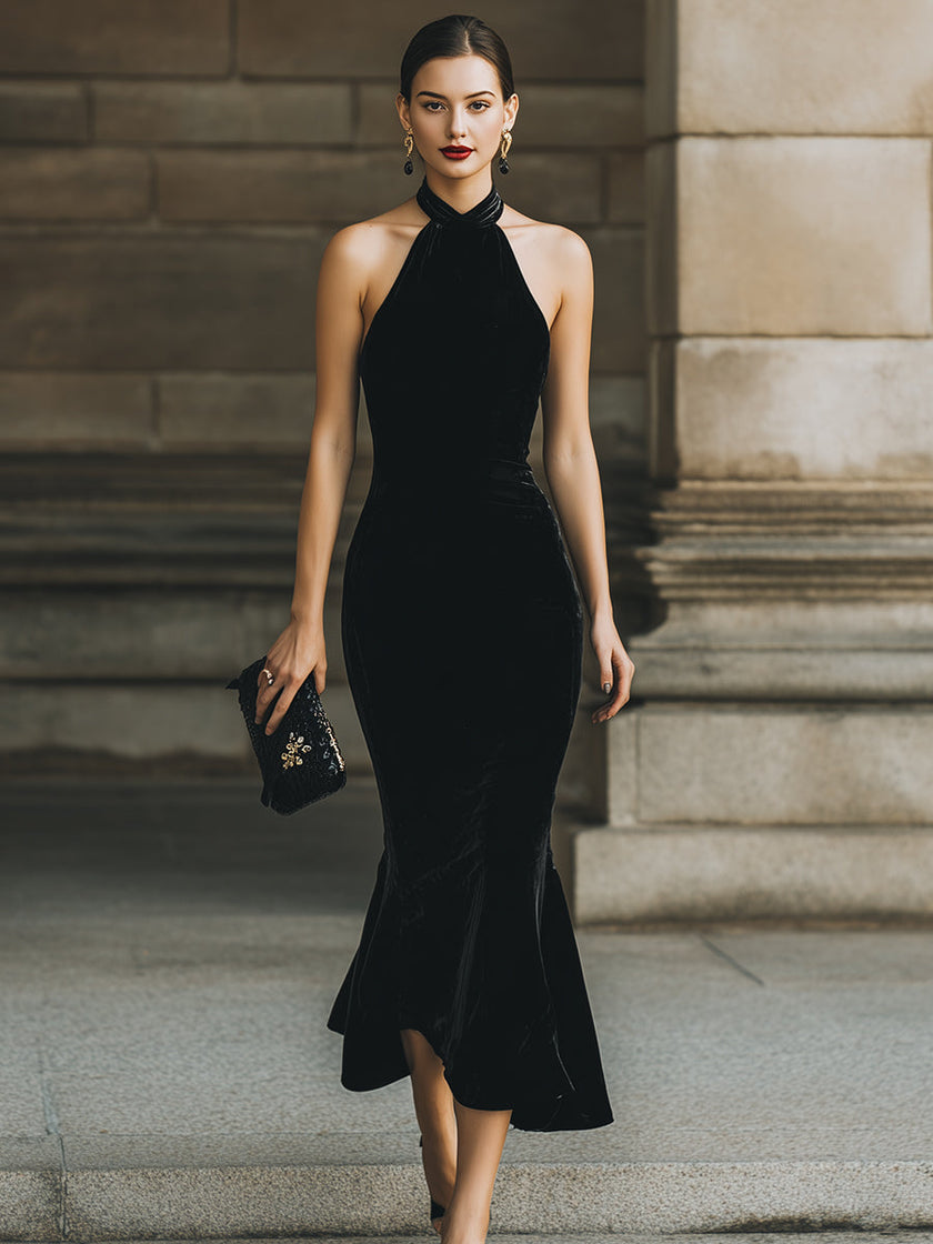 FJØRNA halter-neck mermaid cocktail dress for women, elegant fitted dress with a mermaid silhouette and stylish design.