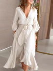 FJØRNA white maxi dress with high-low puff sleeves, pleated design, solid color, and lapel collar, styled for elegant occasions