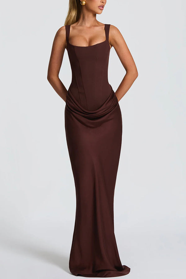 FJØRNA women's summer maxi dress with square neckline, bodycon fit, casual sleeveless design, in vibrant fabric.
