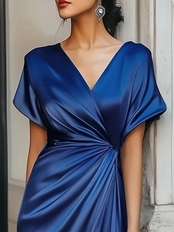 FJØRNA loose short sleeve evening dress with asymmetric design, solid color, split-joint V-neck, suitable for elegant occasions
