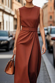FJØRNA solid color sleeveless round neck casual midi dress hanging on a mannequin. Simple, stylish, and perfect for warm weather.