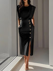 FJØRNA high waisted split-front maxi dress, elegant dress with flowing fabric and a stylish split front design.