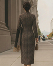 FJØRNA classic houndstooth long-sleeve midi dress for women, tailored fit with elegant design and knee-length silhouette.
