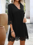 FJØRNA white A-line mini dress with V-neck, loose fit, hollow design, solid color, perfect for casual or summer wear.