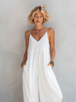 FJØRNA women's cotton-linen sleeveless jumpsuit with square neckline, loose fit, wide-leg pants, ideal for casual wear.