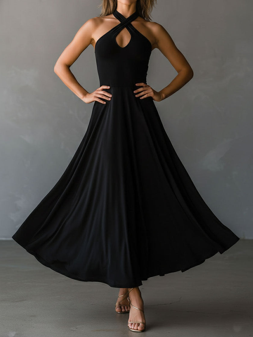 Black Halter Neck Midi Dress | Evening Dress