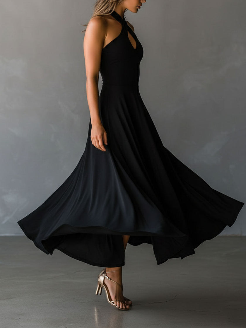 Black Halter Neck Midi Dress | Evening Dress