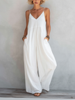 FJØRNA cotton-linen sleeveless jumpsuit for women with square neck, loose fit, wide-leg pants, perfect for casual wear