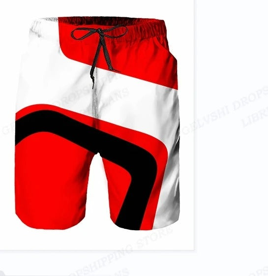 Men's graphic print swim shorts with drawstring from FJØRNA, featuring vibrant patterns and comfortable fit for beach or pool.