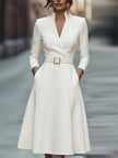 FJØRNA white textured belted midi dress with V-neckline for women, featuring a stylish and elegant design.