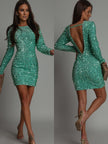 Emmy Sparkle | Long Sleeve Sequin Short Dress With Open Back