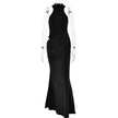FJØRNA elegant halter draped evening dress with flowing fabric and stylish neckline, perfect for formal occasions.