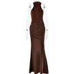 FJØRNA elegant halter draped evening dress in black, featuring a fitted bodice and flowing skirt for formal occasions.