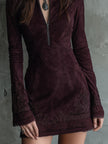 Vintage Suede Embroidered Lace Trim Women's Mini Dress - Party