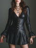 FJØRNA retro V-neck faux leather mini dress with button front and lace trim, stylish and fitted for a chic look.