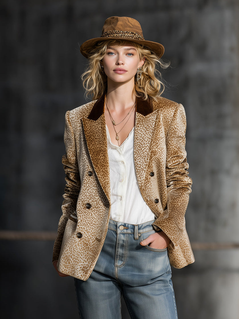 FJØRNA khaki leopard print colour-block velvet blazer with tailored fit and bold pattern, displayed on a hanger.
