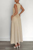 FJØRNA solid color sleeveless round neck pleated maxi dress, casual elegant design perfect for weddings or casual occasions