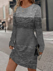 FJØRNA long sleeve midi dress with contrast color print, split-joint design, round neck, and loose fit.