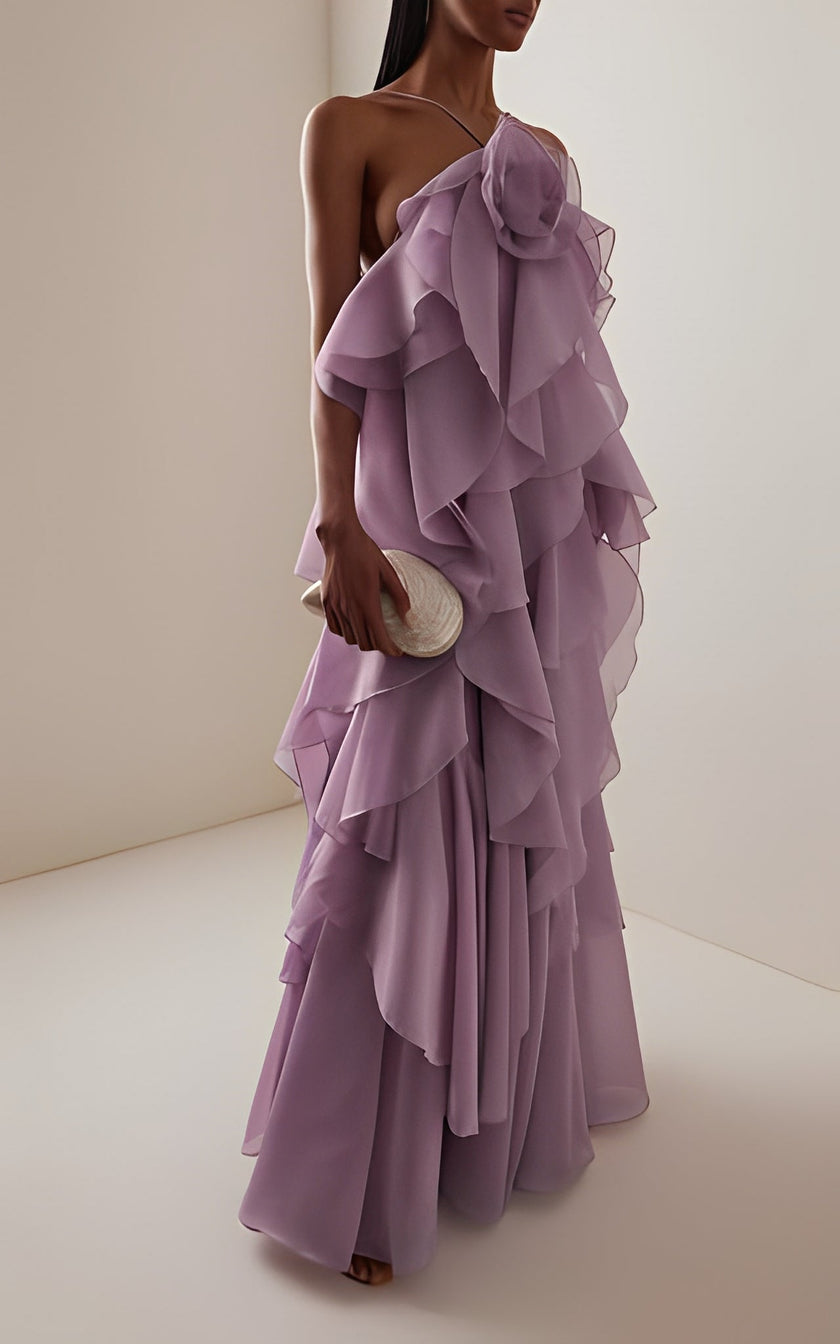 FJØRNA Pandorea layered maxi dress in flowing fabric with tiered design, perfect for summer or casual wear.