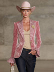 Pink contrast leopard print velvet blazer with lapel from FJØRNA, stylish jackets and blazers for a chic look.