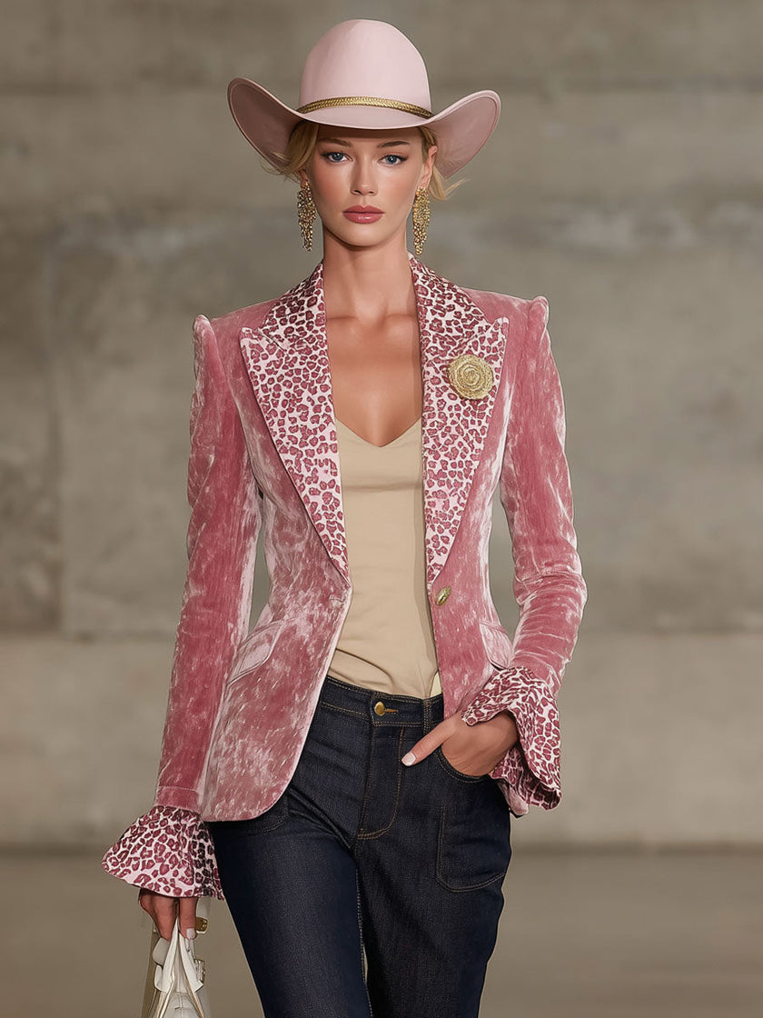 Pink contrast leopard print velvet blazer with lapel from FJØRNA, stylish jackets and blazers for a chic look.