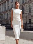 FJØRNA sleeveless ruched side zip midi dress displayed on a model, showcasing fitted silhouette and stylish design.