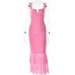 FJØRNA ruched mermaid evening dress in elegant design with fitted bodice and flared skirt, perfect for formal occasions.