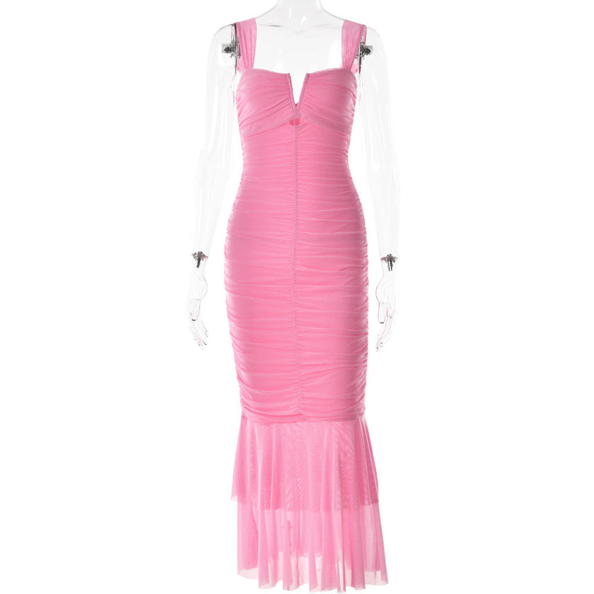 FJØRNA ruched mermaid evening dress in elegant design with fitted bodice and flared skirt, perfect for formal occasions.