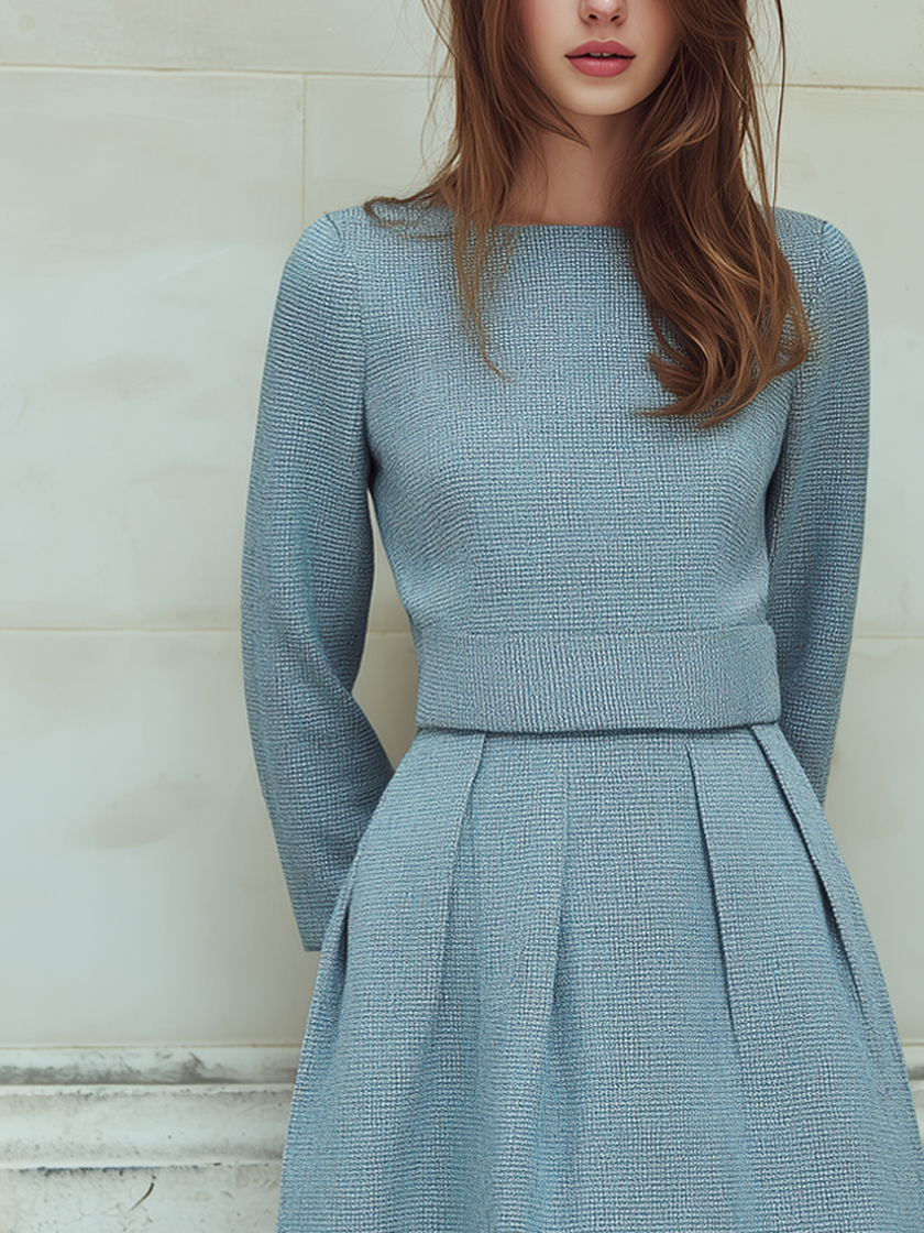 FJØRNA vintage tweed long-sleeved midi dress with a fitted waist and classic pattern, displayed on a hanger against a neutral background.