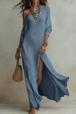 FJØRNA solid color slant collar long sleeve maxi dress for women, elegant and flowing with a stylish collar and full-length sleeves.
