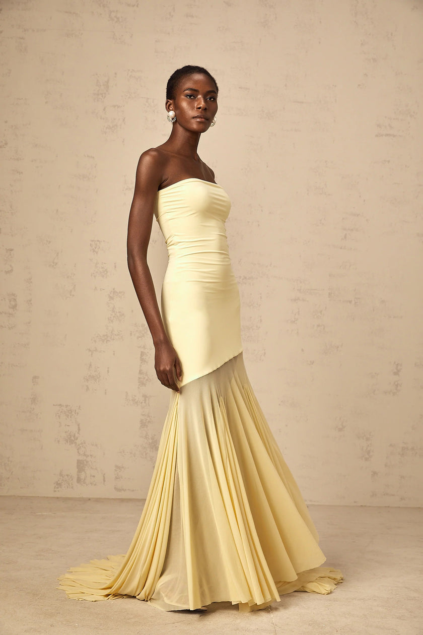 Josiane yellow off-shoulder sheer tulle maxi dress by FJØRNA, flowing design with delicate fabric and elegant off-shoulder style.