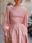 FJØRNA elegant satin long-sleeve high-low evening dress for women, featuring a flowing silhouette and sophisticated design.