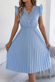 FJØRNA solid color V-neck sleeveless midi dress with lace trim, pleated casual dress, perfect for summer wear.