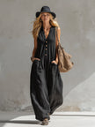 Black cotton linen sleeveless jumpsuit for women by FJØRNA, featuring a relaxed fit and stylish design.