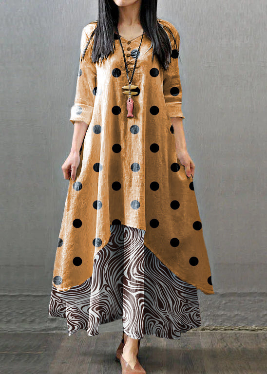 FJØRNA white long sleeve double layers button asymmetric vintage maxi dress displayed on a model.