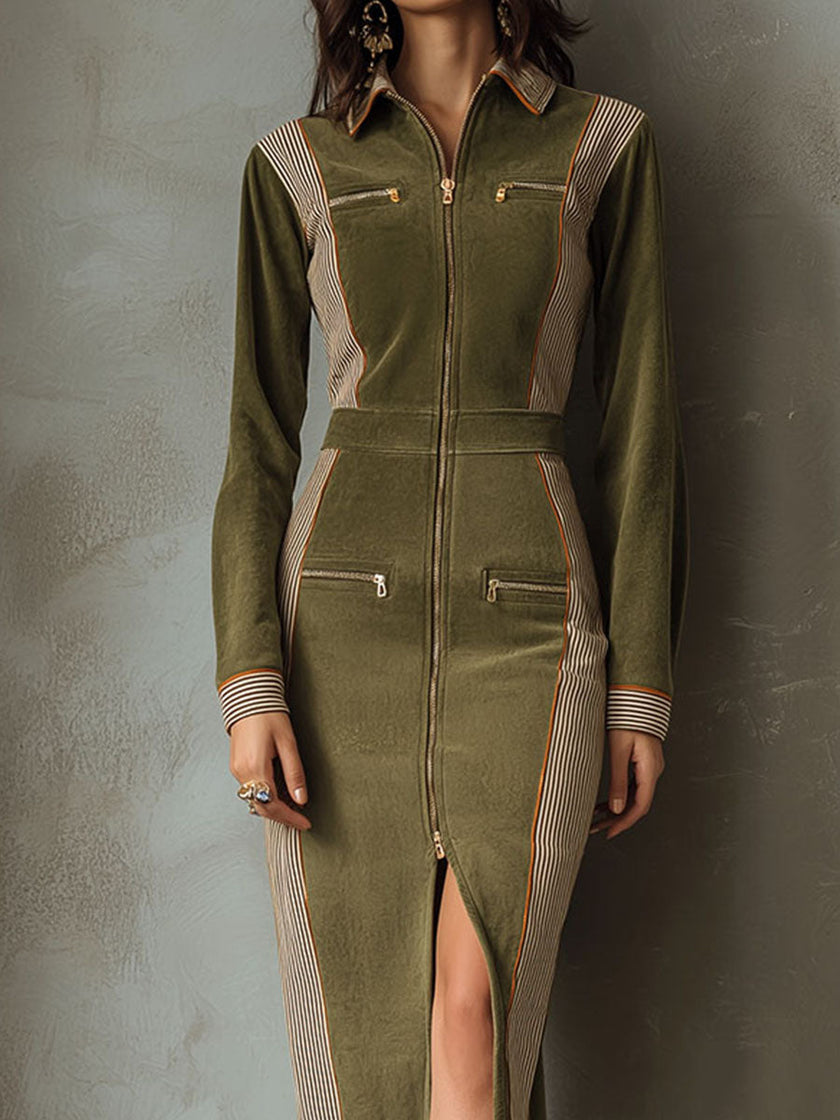 Olive green FJØRNA zip-up midi dress with contrast stripe panels, long sleeves, and fitted silhouette.