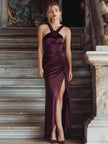 FJØRNA burgundy satin maxi dress with double straps and ruched detailing, elegant formal gown for special occasions.